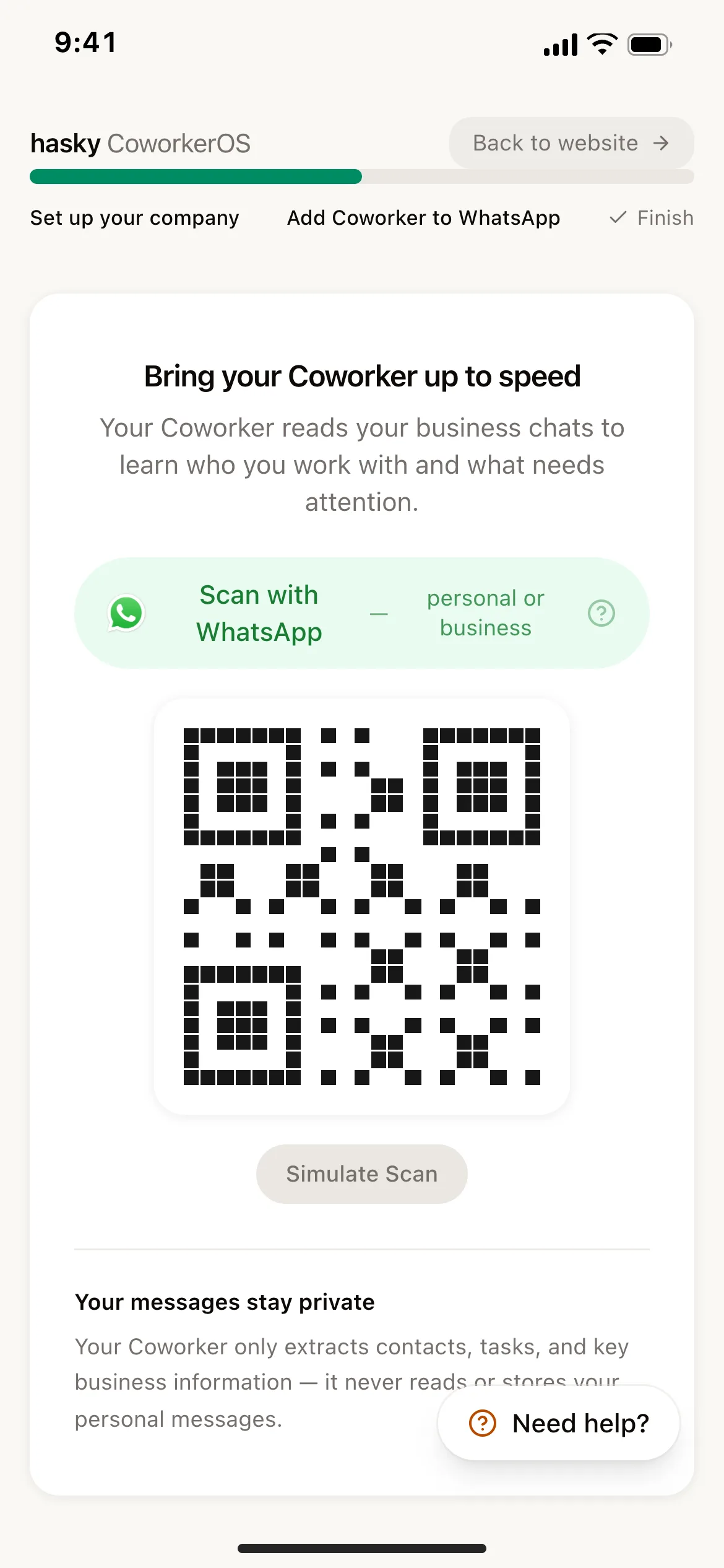 CoworkerOS on a phone: scan one QR code to bring Coworker up to speed on your WhatsApp