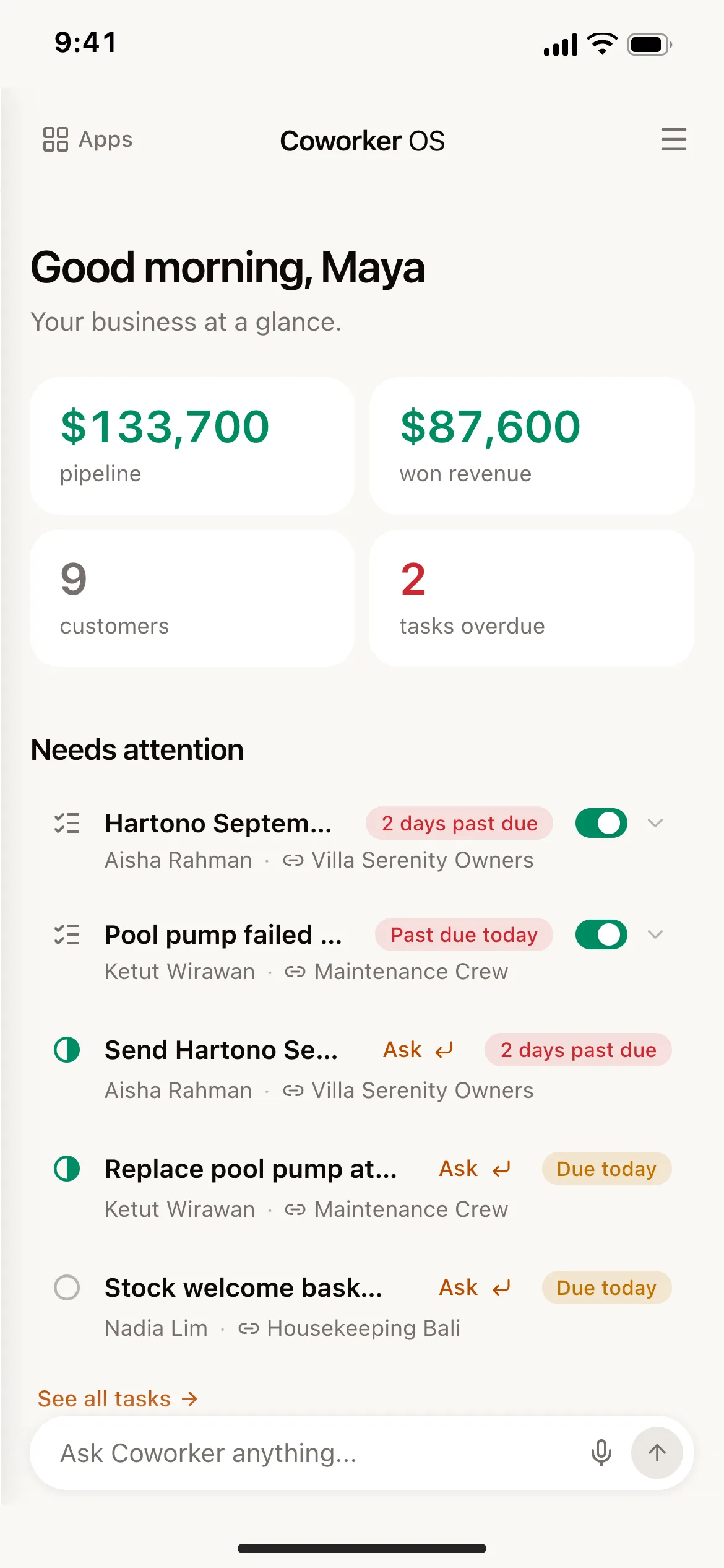 CoworkerOS on a phone: your business at a glance, with pipeline, won revenue, customers and what needs attention