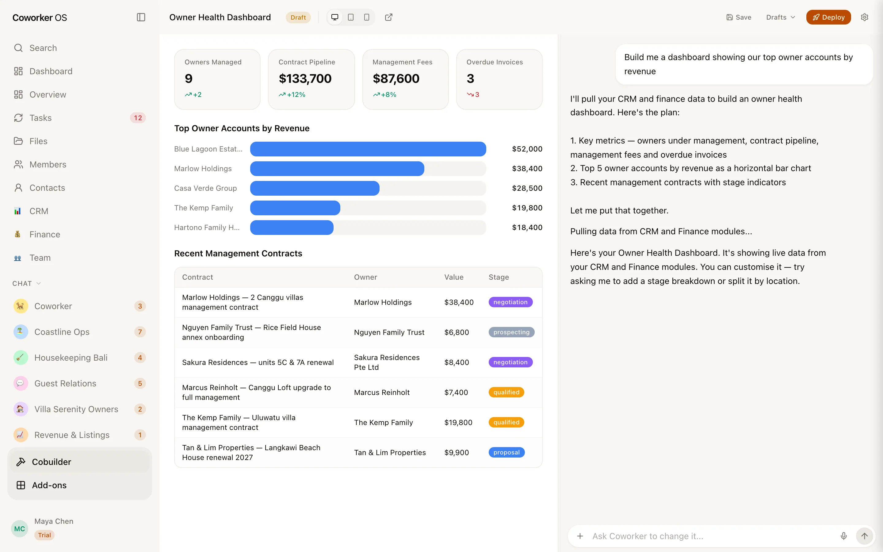 A dashboard built from your live data, beside the chat that built it