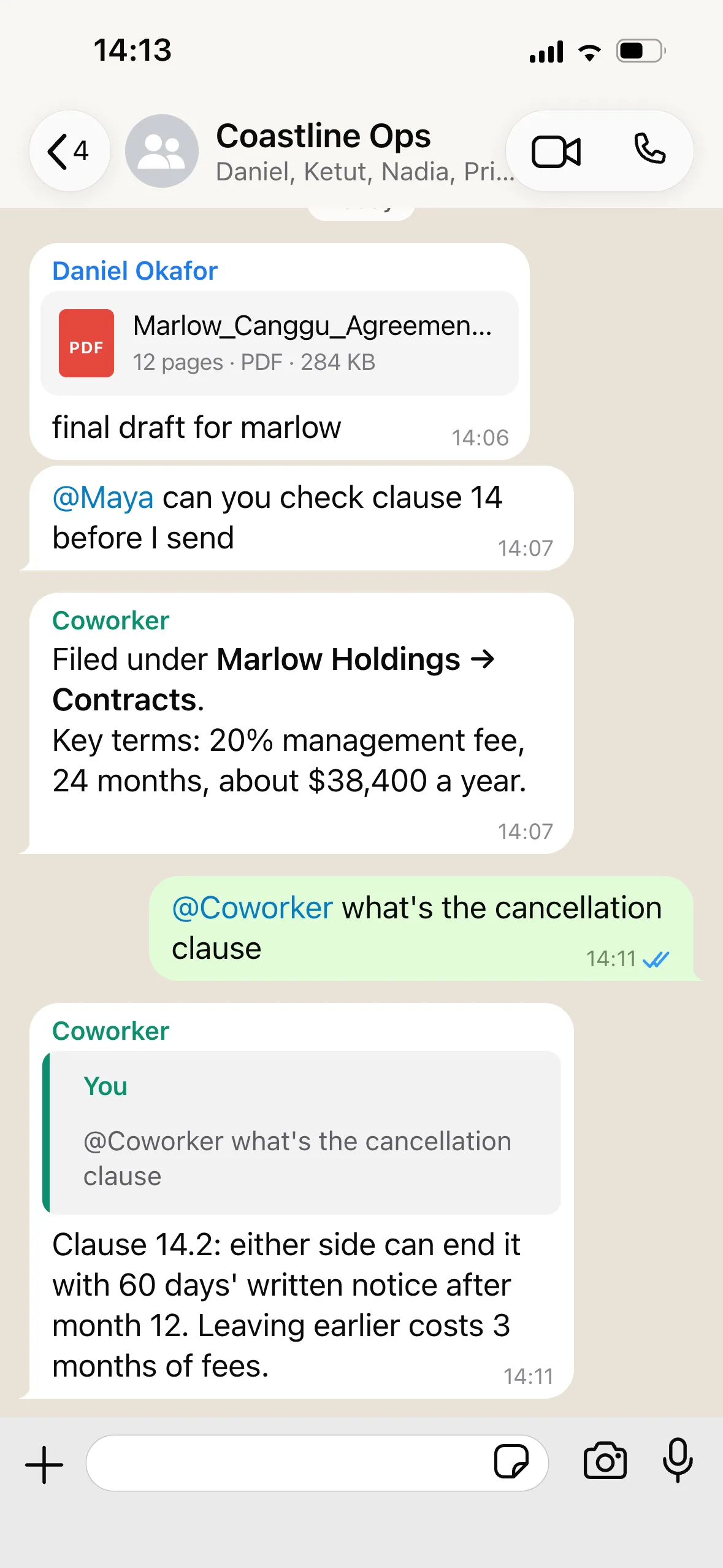 A contract PDF is shared in the Coastline Ops group. Coworker files it under Marlow Holdings and answers a question about the cancellation clause.